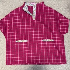 Pink Grid Pattern Blouse with Stand-Up Collar